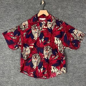 Vintage C Mon Women's Button Up Shirt Tiger Tropical Print Short Sleeve Size 10